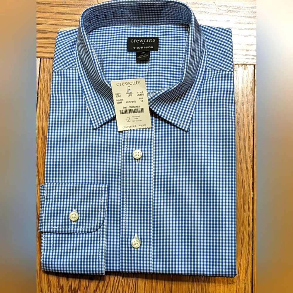NWT Crewcuts Kids Long-Sleeved Blue & white Gingham Dress Shirt Sz 16 Kids